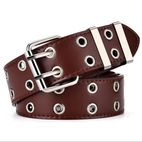 Brown Retro Y2K Double Row Silver Grommet Fashion Belt NEW - Picture 1 of 3